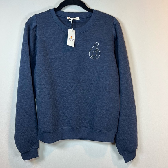 Marine Layer Tops - Marine Layer Womens Corbet Puff Sleeve Sweatshirt Blue Quilted Embroidery Medium